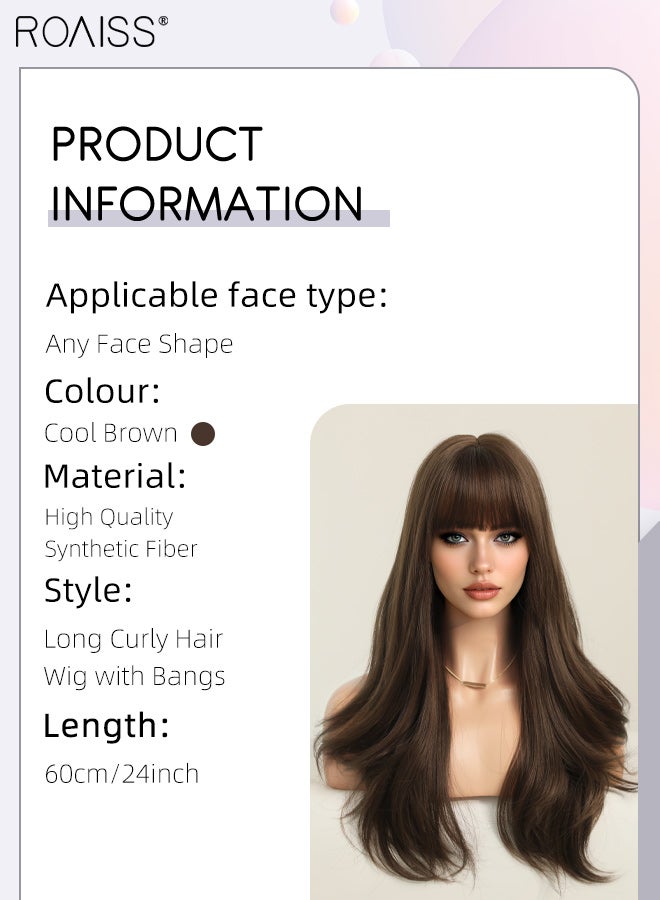 roaiss Long Curly Hair Wig with Bangs for Women, Natural Soft Synthetic Heat Resistant Hair Natural Looking Wig for Wedding Cosplay Party Daily Wear, Cool Brown, 60cm (24 inches) - Image 2